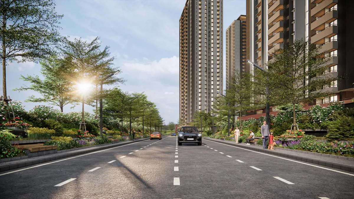 Detailed CGI exterior street-level view of Assetz Codename Sublime showing tower facades, entrance approaches, and landscaped surroundings in Hoskote