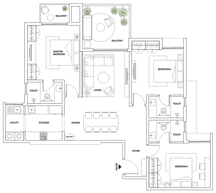 Detailed floor plan view showing individual unit layout within the tower context